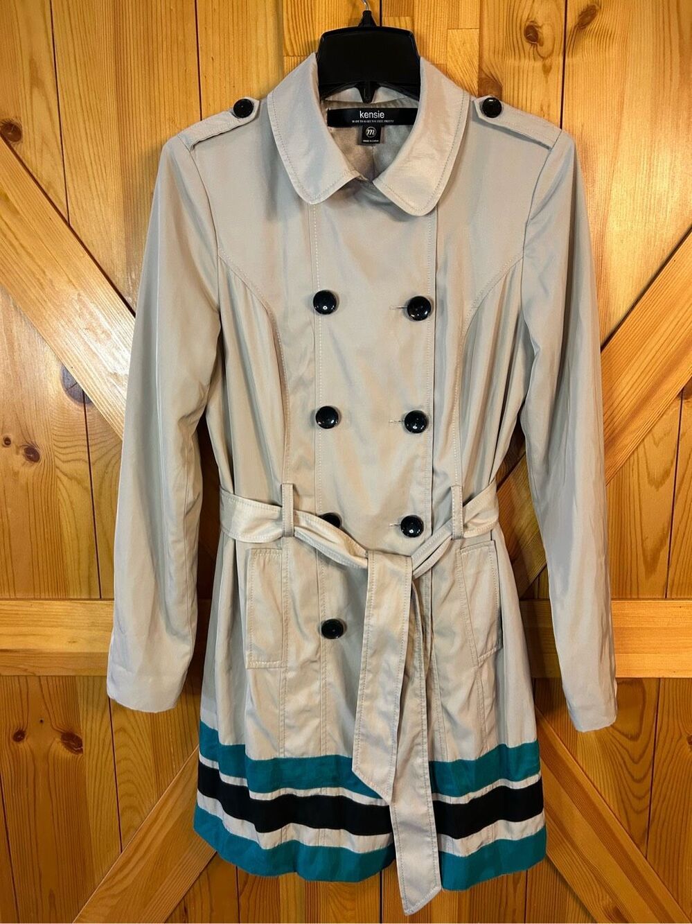 Kensie Khaki Trench Coat Size Medium Pockets Belted Lightweight Dressy (0923)